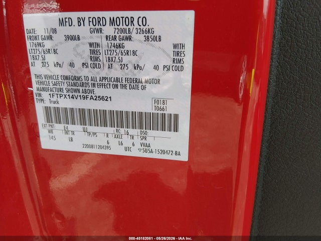 Продажа на аукционе авто 2009 Ford F-150 Fx4/lariat/xl/xlt, vin: 1FTPX14V19FA25621, номер лота: 45182081