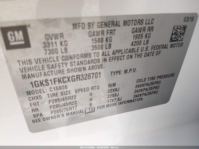 Aukcja sprzedaży 2016 Gmc Yukon Xl Sle, vin: 1GKS1FKCXGR328701, numer aukcji: 45182094