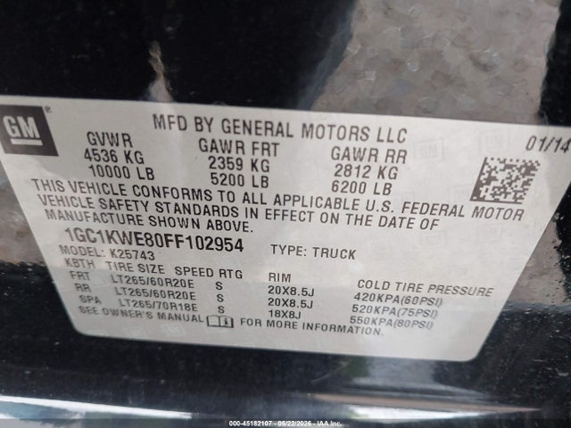 45182107 :رقم المزاد ، 1GC1KWE80FF102954 vin ، 2015 Chevrolet Silverado 2500hd Ltz مزاد بيع