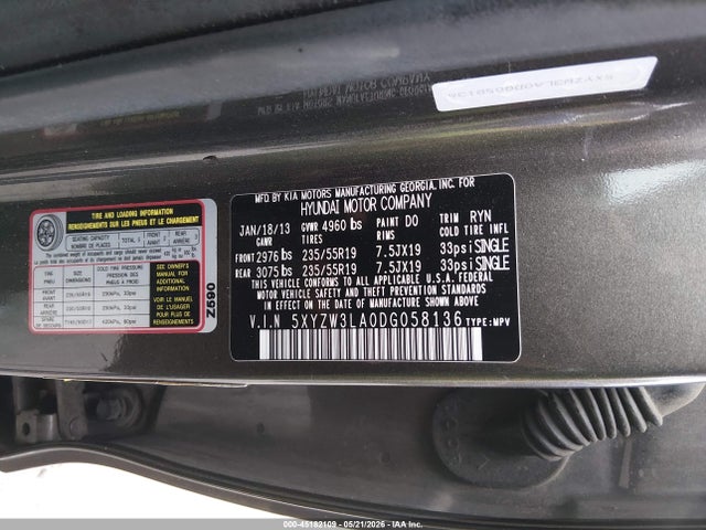 45182109 :رقم المزاد ، 5XYZW3LA0DG058136 vin ، 2013 Hyundai Santa Fe Sport 2.0t مزاد بيع