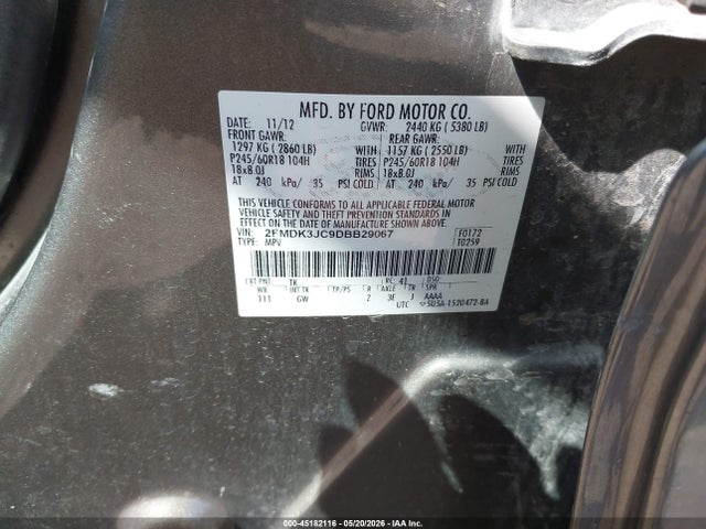 Продаж на аукціоні авто 2013 Ford Edge Sel, vin: 2FMDK3JC9DBB29067, номер лоту: 45182116