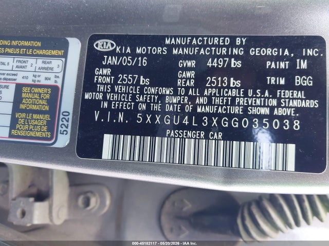 Продаж на аукціоні авто 2016 Kia Optima Ex, vin: 5XXGU4L3XGG035038, номер лоту: 45182117
