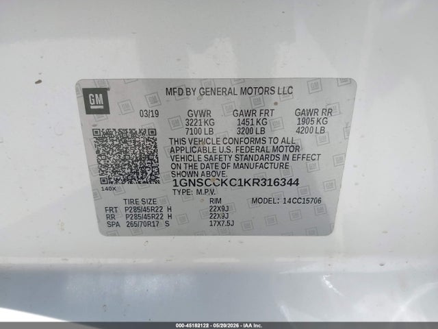 45182122 :رقم المزاد ، 1GNSCCKC1KR316344 vin ، 2019 Chevrolet Tahoe Premier مزاد بيع