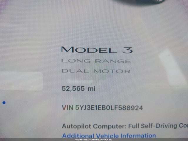Продажа на аукционе авто 2020 Tesla Model 3 Long Range Dual Motor All-wheel Drive, vin: 5YJ3E1EB0LF588924, номер лота: 45182123
