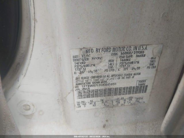 Продаж на аукціоні авто 2002 Ford F-150 Lariat/xlt, vin: 1FTRW07L02KB41051, номер лоту: 45182133