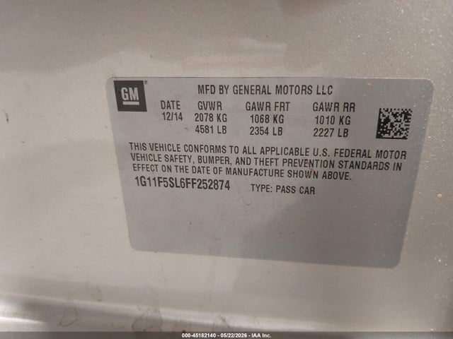 Продажа на аукционе авто 2015 Chevrolet Malibu 1lz, vin: 1G11F5SL6FF252874, номер лота: 45182140