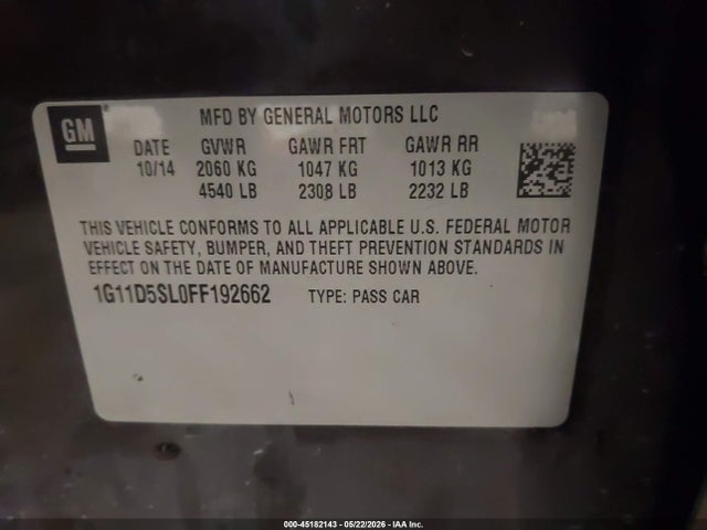 Продажа на аукционе авто 2015 Chevrolet Malibu 2lt, vin: 1G11D5SL0FF192662, номер лота: 45182143