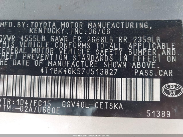 Продаж на аукціоні авто 2007 Toyota Camry Se V6, vin: 4T1BK46K57U513827, номер лоту: 45182152