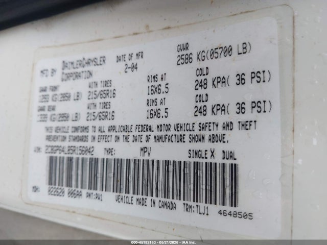 45182163 :رقم المزاد ، 2C8GP64L85R156042 vin ، 2005 Chrysler Town & Country Limited مزاد بيع