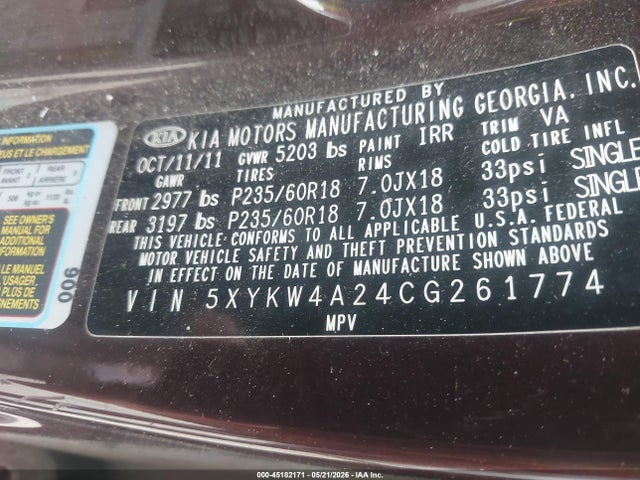 Aukcja sprzedaży 2012 Kia Sorento Sx V6, vin: 5XYKW4A24CG261774, numer aukcji: 45182171