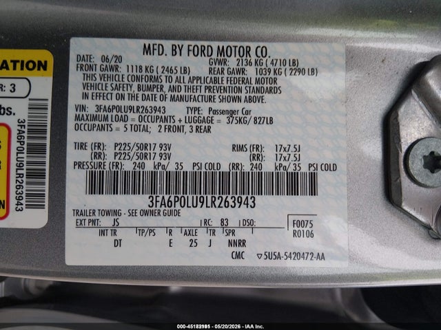 Aukcja sprzedaży 2020 Ford Fusion Hybrid Se, vin: 3FA6P0LU9LR263943, numer aukcji: 45182191