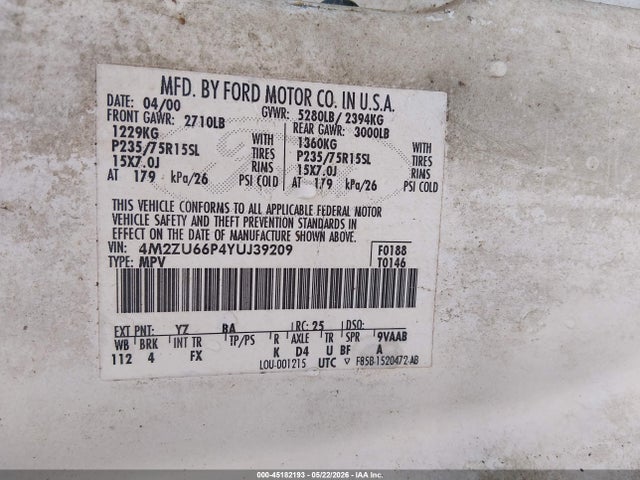 Aukcja sprzedaży 2000 Mercury Mountaineer, vin: 4M23U66P4YUJ39209, numer aukcji: 45182193