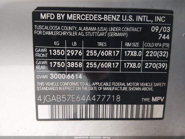 Auction sale of the 2004 Mercedes-benz Ml 350 4matic, vin: 4JGAB57E64A477718, lot number: 45182195