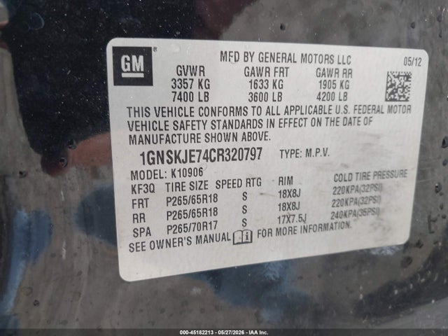 Продажа на аукционе авто 2012 Chevrolet Suburban 1500 Lt, vin: 1GNSKJE74CR320797, номер лота: 45182213