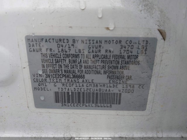 Продаж на аукціоні авто 2019 Nissan Versa Note Sv, vin: 3N1CE2CP6KL366668, номер лоту: 45182231