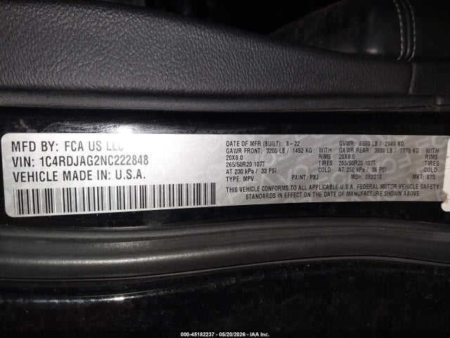 45182237 :رقم المزاد ، 1C4RDJAG2NC222848 vin ، 2022 Dodge Durango Sxt Awd مزاد بيع