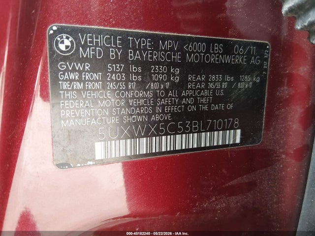 2011 Bmw X3 Xdrive28i მანქანა იყიდება აუქციონზე, vin: 5UXWX5C53BL710178, აუქციონის ნომერი: 45182240