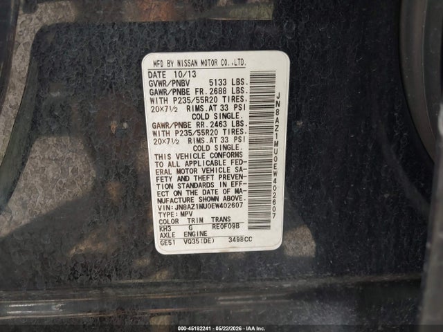 Продаж на аукціоні авто 2014 Nissan Murano Le, vin: JN8AZ1MU0EW402607, номер лоту: 45182241