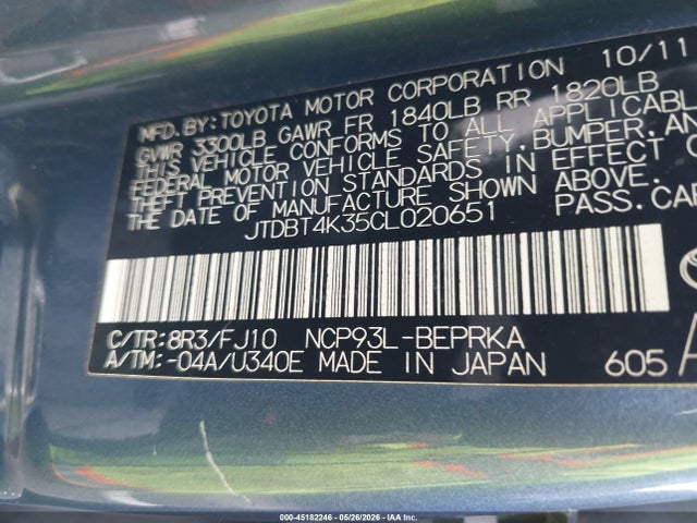 45182246 :رقم المزاد ، JTDBT4K35CL020651 vin ، 2012 Toyota Yaris مزاد بيع