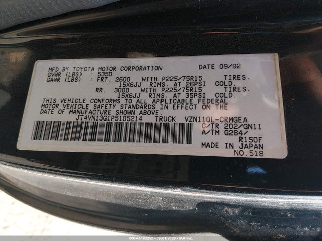 45182252 :رقم المزاد ، JT4VN13G1P5105214 vin ، 1993 Toyota Pickup 1/2 Ton Ex Long Whlbs Sr5 مزاد بيع