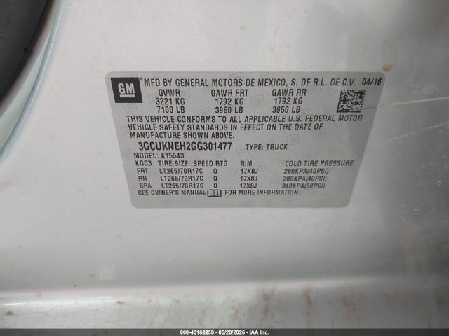 Aukcja sprzedaży 2016 Chevrolet Silverado 1500 Wt, vin: 3GCUKNEH2GG301477, numer aukcji: 45182259