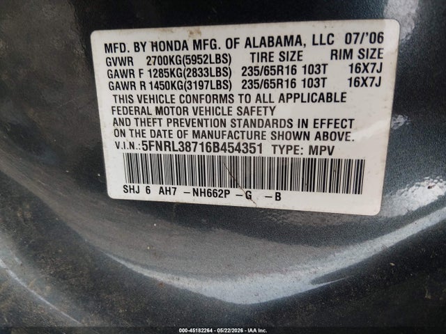 45182264 :رقم المزاد ، 5FNRL38716B454351 vin ، 2006 Honda Odyssey Ex-l مزاد بيع