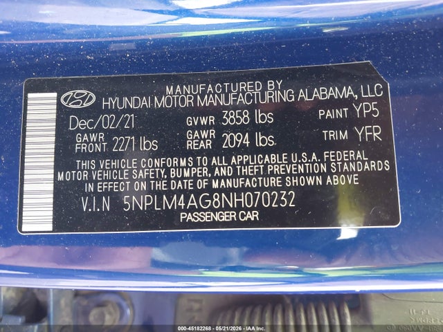Продажа на аукционе авто 2022 Hyundai Elantra Sel, vin: 5NPLM4AG8NH070232, номер лота: 45182268