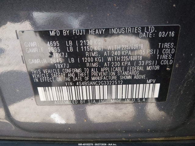 45182278 :رقم المزاد ، 4S4BSANC2G3322512 vin ، 2016 Subaru Outback 2.5i Limited مزاد بيع