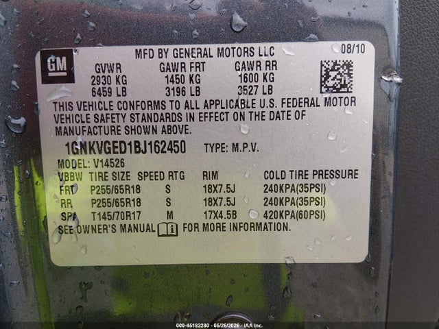 Aukcja sprzedaży 2011 Chevrolet Traverse 1lt, vin: 1GNKVGED1BJ162450, numer aukcji: 45182280