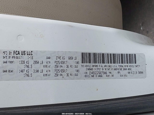 45182283 :رقم المزاد ، 2C4RDGCG7GR275006 vin ، 2016 Dodge Grand Caravan Sxt مزاد بيع