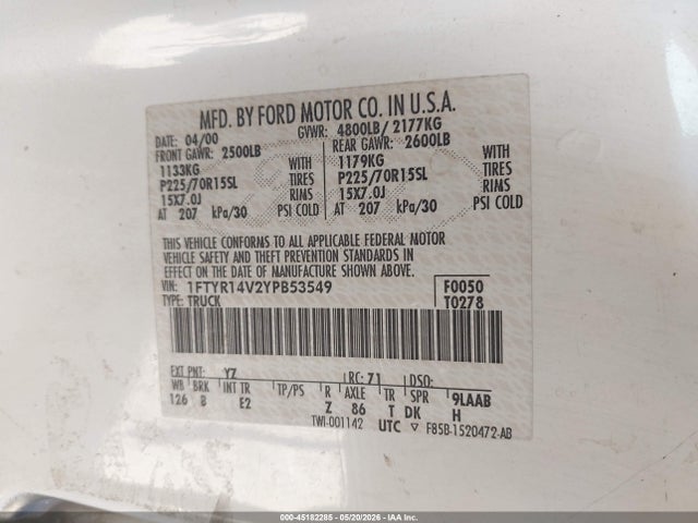 Aukcja sprzedaży 2000 Ford Ranger Xl/xlt, vin: 1FTYR14V2YPB53549, numer aukcji: 45182285