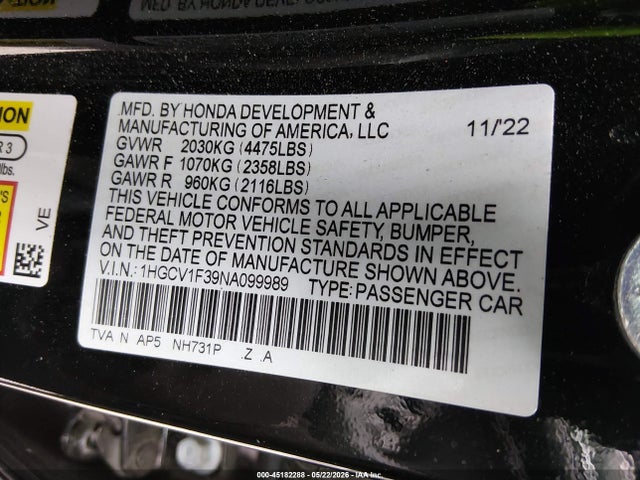 Продаж на аукціоні авто 2022 Honda Accord Sport, vin: 1HGCV1F39NA099989, номер лоту: 45182288