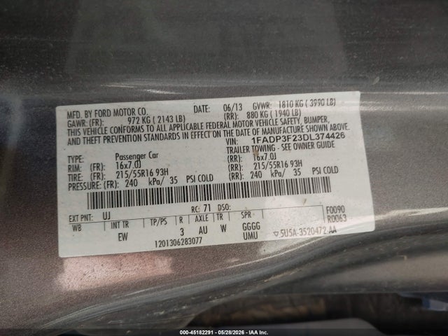 45182291 :رقم المزاد ، 1FADP3F23DL374426 vin ، 2013 Ford Focus Se مزاد بيع