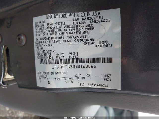 Aukcja sprzedaży 2003 Ford Focus Se/ztw, vin: 1FAHP36333W120061, numer aukcji: 45182306