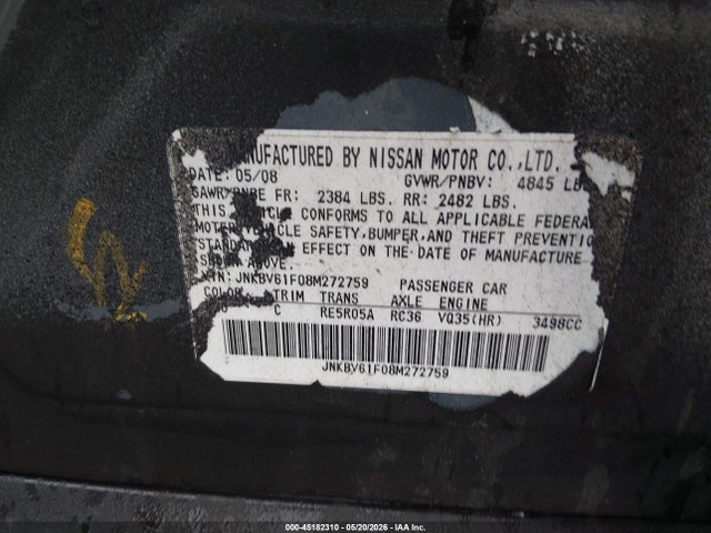 45182310 :رقم المزاد ، JNKBV61F08M272759 vin ، 2008 Infiniti G35x مزاد بيع