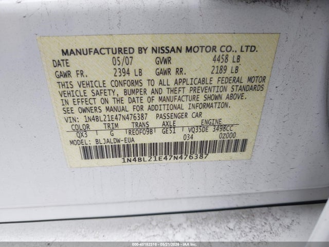 Aukcja sprzedaży 2007 Nissan Altima 3.5 Se, vin: 1N4BL21E47N476387, numer aukcji: 45182318