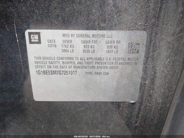 Продаж на аукціоні авто 2016 Chevrolet Cruze Lt Auto, vin: 1G1BE5SM7G7251017, номер лоту: 45182320