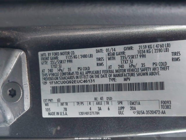 2014 Ford Escape Se მანქანა იყიდება აუქციონზე, vin: 1FMCU0G92EUC46131, აუქციონის ნომერი: 45182322