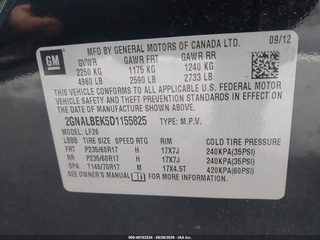 Aukcja sprzedaży 2013 Chevrolet Equinox Ls, vin: 2GNALBEK5D1155825, numer aukcji: 45182324