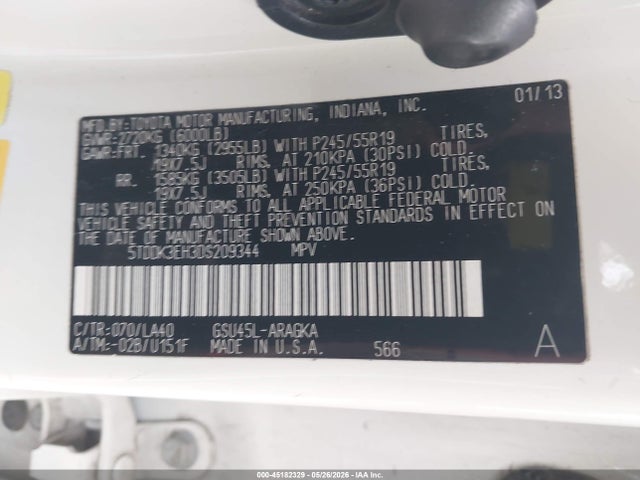 Продаж на аукціоні авто 2013 Toyota Highlander Limited V6, vin: 5TDDK3EH3DS209344, номер лоту: 45182329