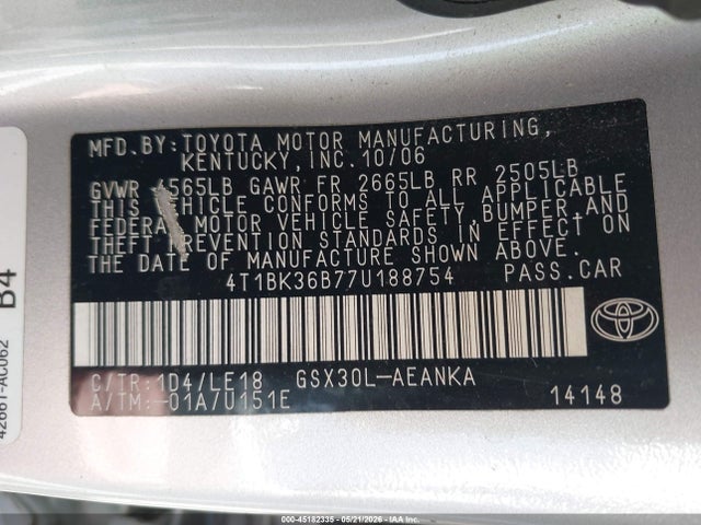 Aukcja sprzedaży 2007 Toyota Avalon Touring, vin: 4T1BK36B77U188754, numer aukcji: 45182335