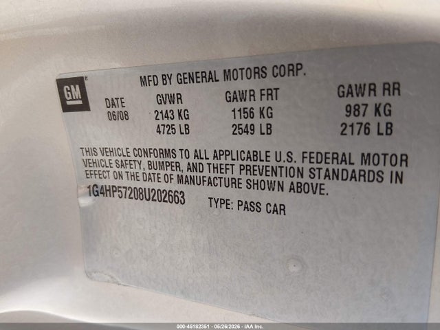 Aukcja sprzedaży 2008 Buick Lucerne Cx, vin: 1G4HP57208U202663, numer aukcji: 45182351