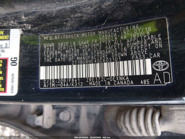 Aukcja sprzedaży 2016 Toyota Corolla Le, vin: 2T1BURHE4GC603101, numer aukcji: 45182352