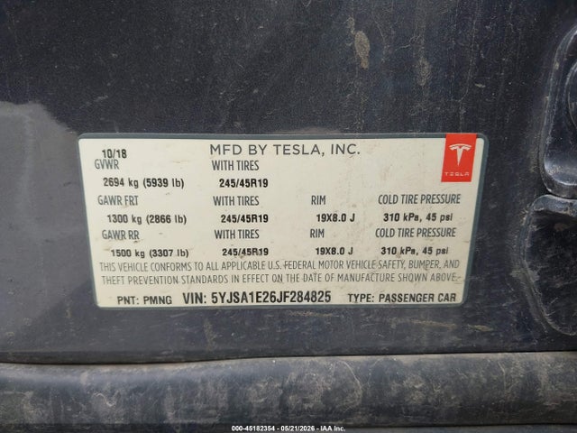 45182354 :رقم المزاد ، 5YJSA1E26JF284825 vin ، 2018 Tesla Model S 100d/75d/p100d مزاد بيع
