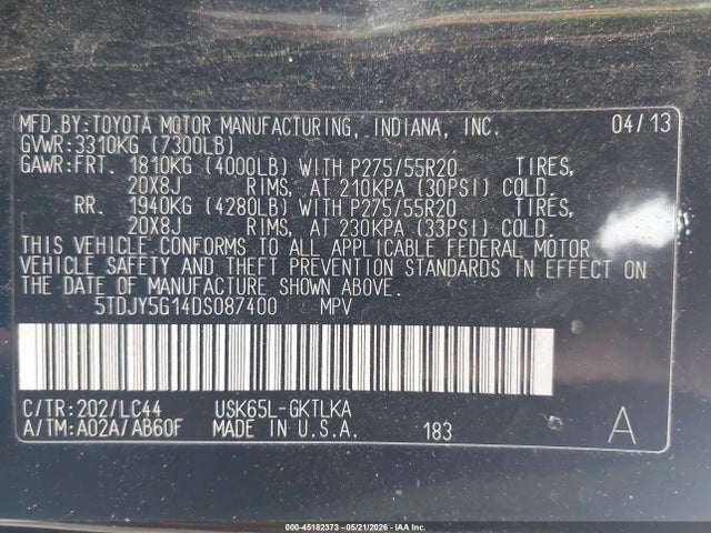 2013 Toyota Sequoia Limited 5.7l V8 მანქანა იყიდება აუქციონზე, vin: 5TDJY5G14DS087400, აუქციონის ნომერი: 45182373