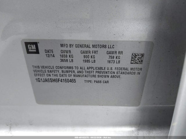 2015 Chevrolet Sonic Ls Auto მანქანა იყიდება აუქციონზე, vin: 1G1JA6SH6F4160465, აუქციონის ნომერი: 45182375