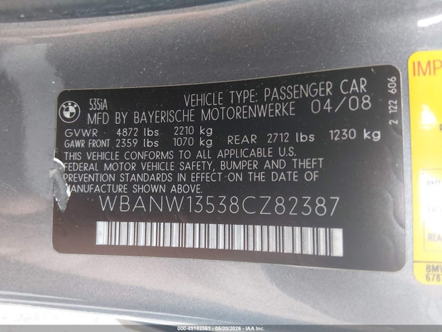 45182381 :رقم المزاد ، WBANW13538CZ82387 vin ، 2008 Bmw 535i مزاد بيع