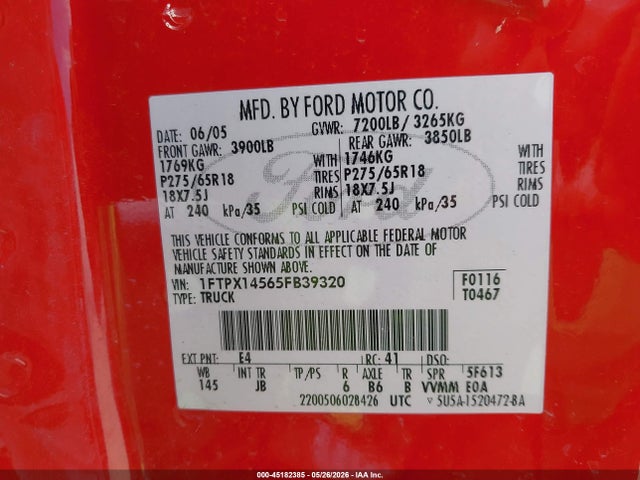 45182385 :رقم المزاد ، 1FTPX14565FB39320 vin ، 2005 Ford F-150 Fx4/lariat/xl/xlt مزاد بيع