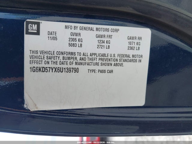 2006 Cadillac Dts Standard მანქანა იყიდება აუქციონზე, vin: 1G6KD57YX6U139790, აუქციონის ნომერი: 45182395