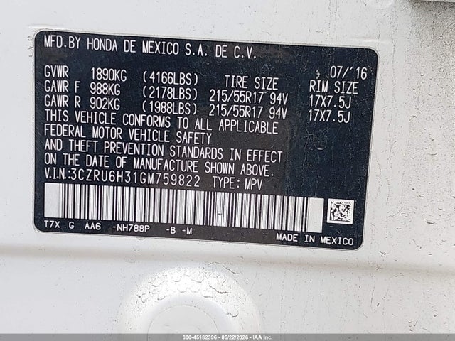 Продаж на аукціоні авто 2016 Honda Hr-v Lx, vin: 3CZRU6H31GM759822, номер лоту: 45182396